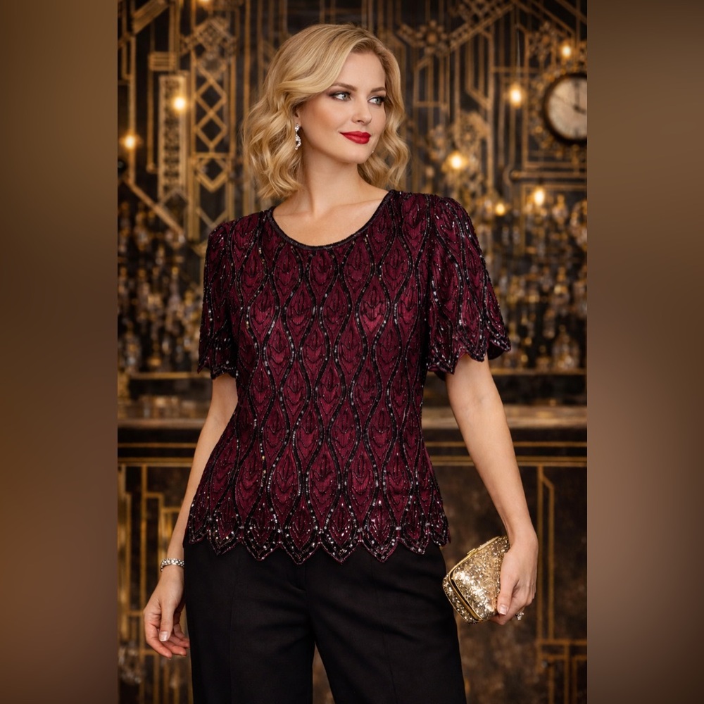 Vintage Stenay Petite PS Burgundy Silk Black Beaded 90s Art Deco Evening Blouse